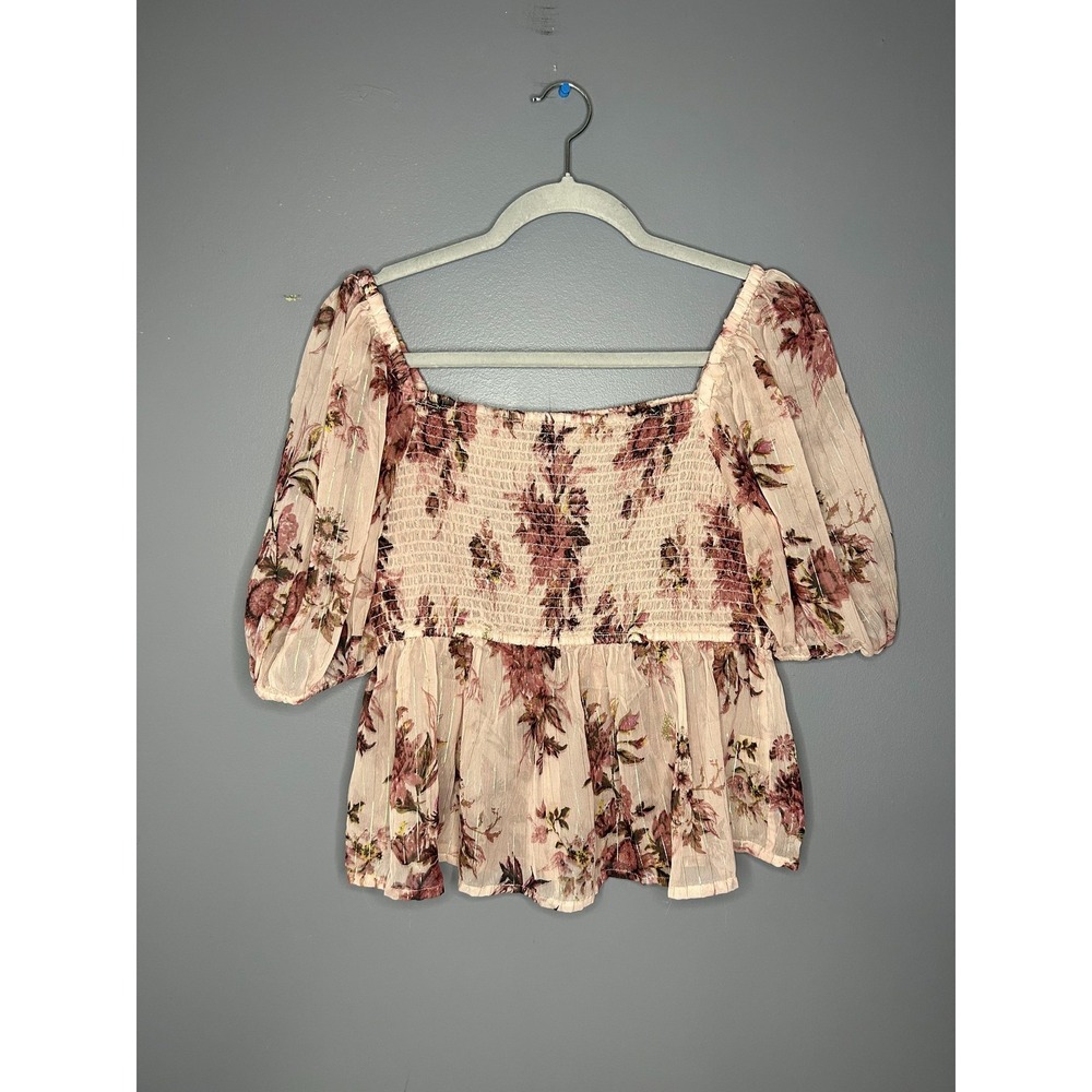 Dizzy Lizzy Blouse Womens M Pink Floral Smocked Puff Sleeve Milkmaid Cottagecore